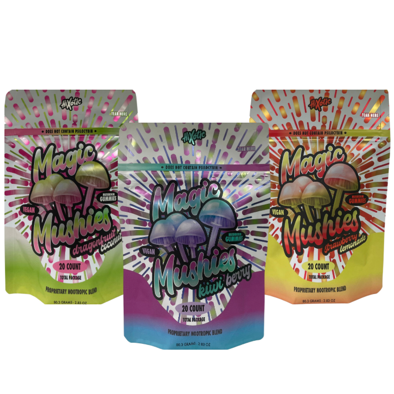HiXotic Magic Mushies 20ct Gummies Comes in 3 amazing flavors Dragonfruit Coconut, Kiwi Berry, and Straqwberry Lemonade.