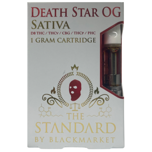 The Standard By Blackmarket 1g cartridge Death Star OG Sativa, contains D8, THCV, CBG, THCP and PHC.