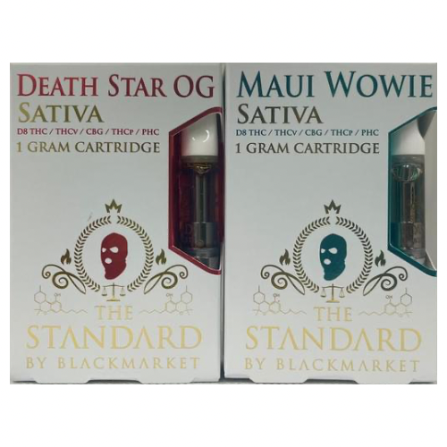 The Standard By Blackmarket 1g Cartridges Death Star OG, and Maui Wowie. They are 510 threaded and contain D8 THC, THCV, CBG, THCP, and PHC.