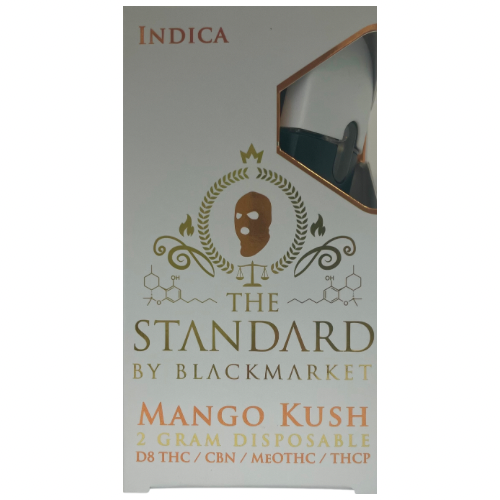 The Standard By Blackmarket Mango Kush 2g disposable, and contains D8 THC, CBN, MeOTHC and THCP.