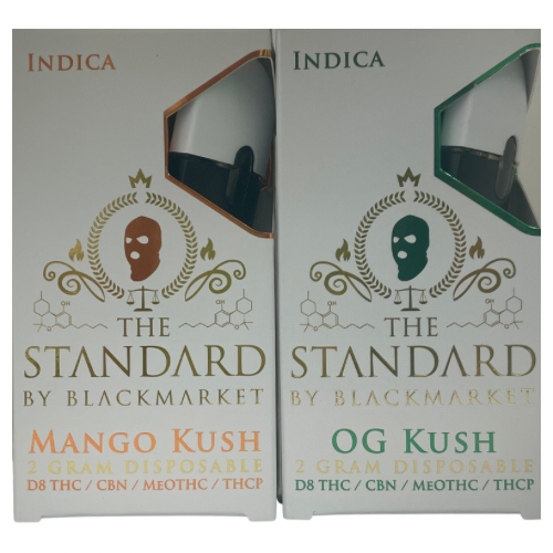 The Standard By Blackmarket 2g Disposables Mango Kush and OG Kush, they contain D8 THC, CBN, MeOTHC, and THCP.