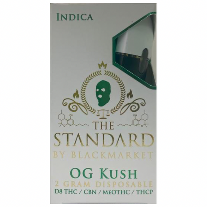 The Standard By Blackmarket OG Kush 2g disposable, contains D8 THC, CBN, MeOTHC, THCP
