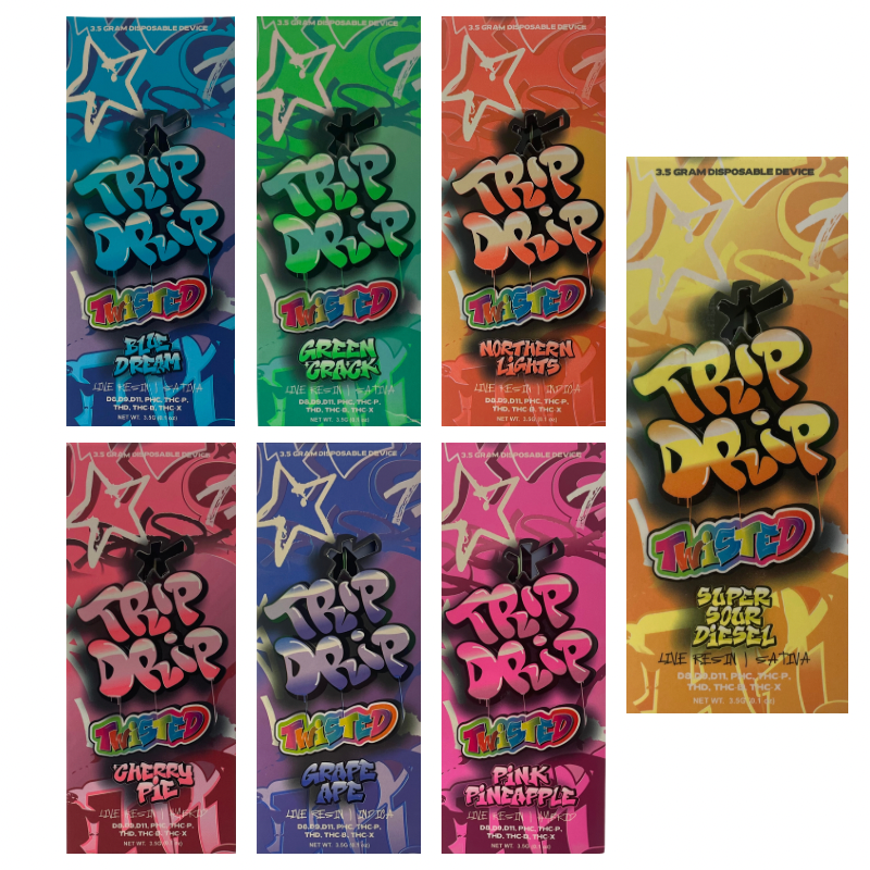 Trip Drip 3.5g Disposables has 8 different cannabinoids combinations and comes in 7 different strains that include, Blue Dream, Cherry Pie, Green Crack, Grape Ape, Northern Lights, Pink Pineapple, and Super Sour Diesel 