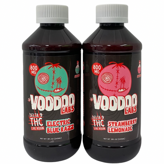 VOODOO Labs Delta 9 THC 800MG Syrups, comes in 2 amazing flavors Electric Blue Razz and Strawberry Lemonade.